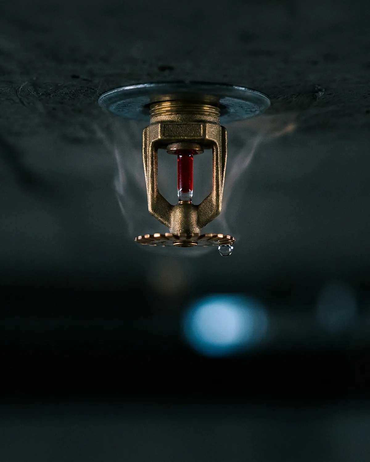 A pendent sprinkler head in a dark concrete ceiling, brass body and red bulb