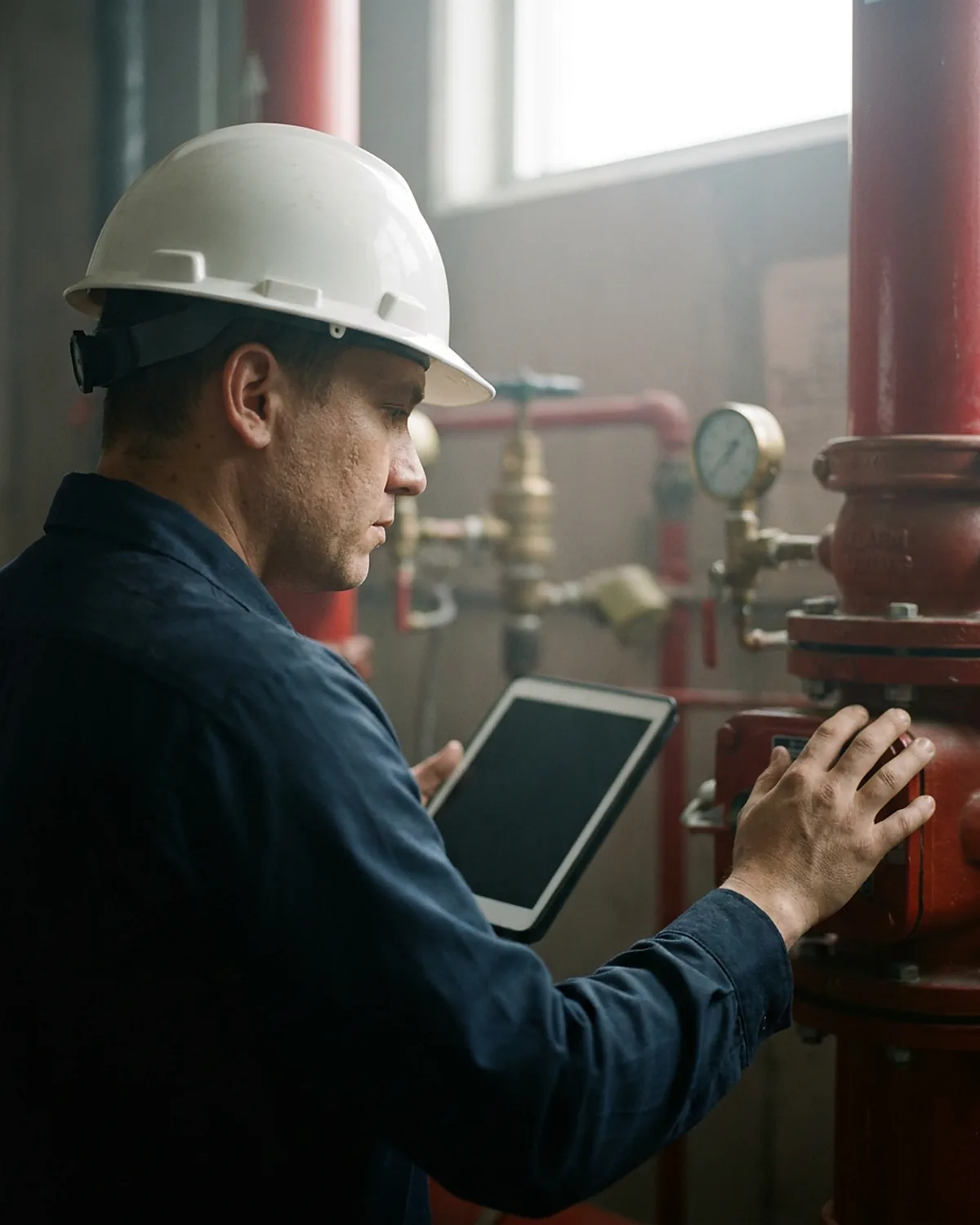 A fire maintenance technician checking an alarm valve with a tablet in hand
